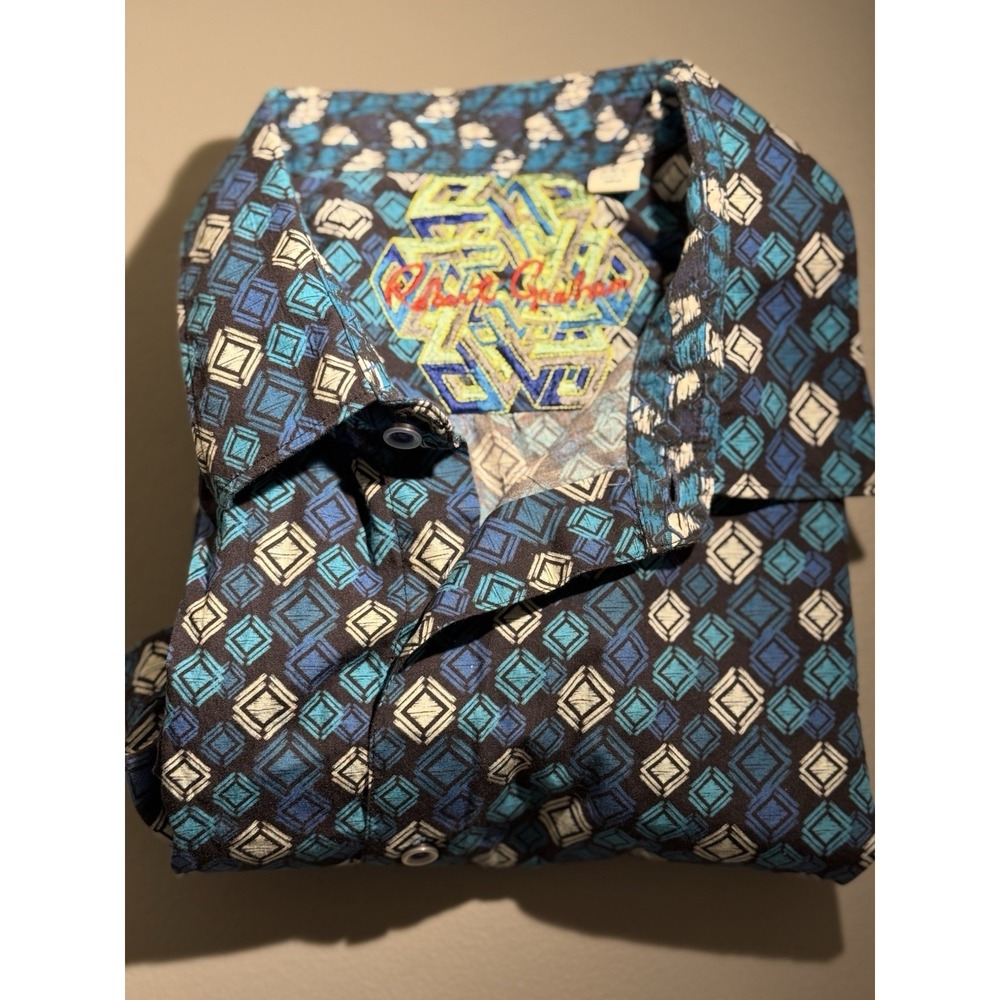 Robert Graham Blue Teal White Geometric Print Button-Down Shirt